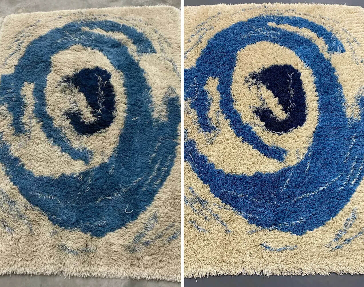 Before and after image of area rug with blue pattern