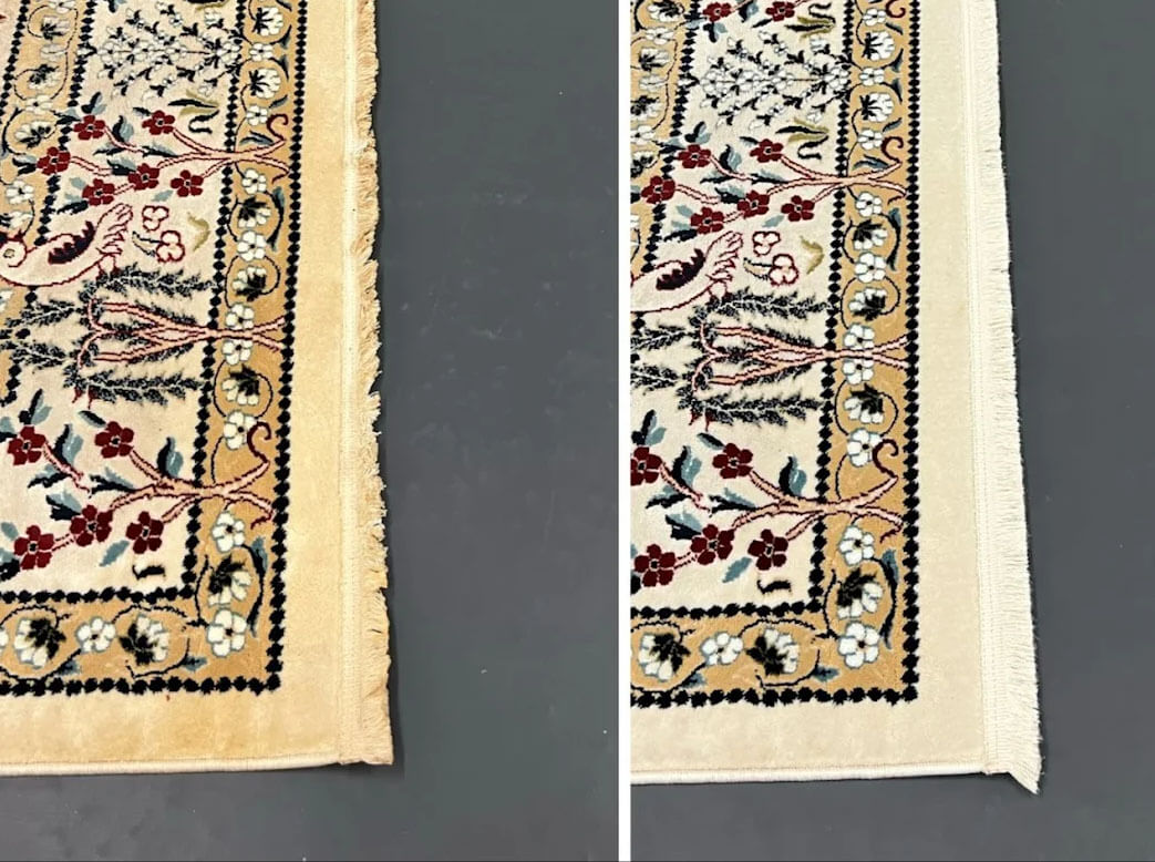 Before and After image of cleaned rug including fringes